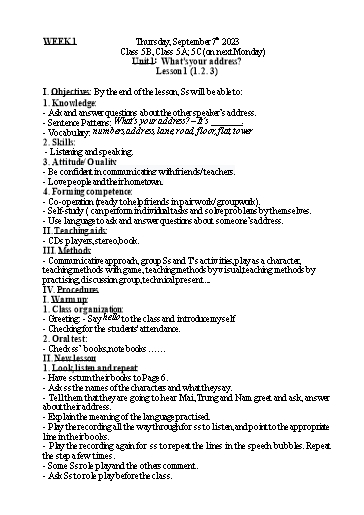 Kế hoạch bài dạy Tiếng Anh 5 - Tuần 1 - Năm học 2023-2024 - Nguyễn Thị Mỹ Hiền