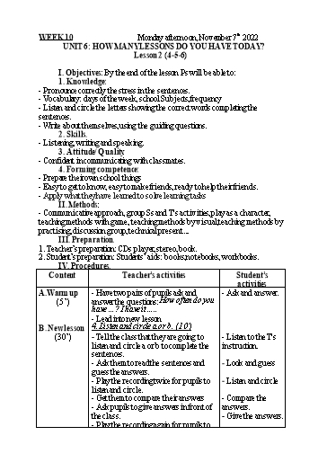 Kế hoạch bài dạy Tiếng Anh 5 - Tuần 10 - Năm học 2022-2023 - Nguyễn Thị Mỹ Hiền