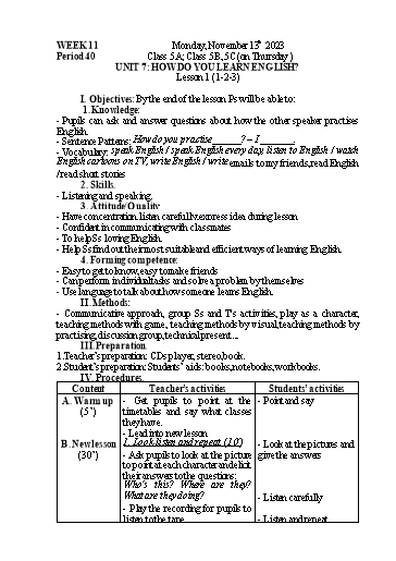 Kế hoạch bài dạy Tiếng Anh 5 - Tuần 11 - Năm học 2023-2024 - Nguyễn Thị Mỹ Hiền