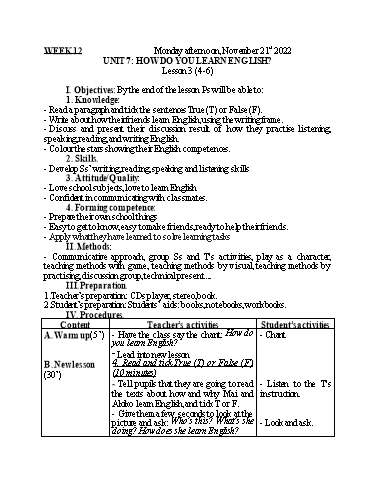Kế hoạch bài dạy Tiếng Anh 5 - Tuần 12 - Năm học 2022-2023 - Nguyễn Thị Mỹ Hiền