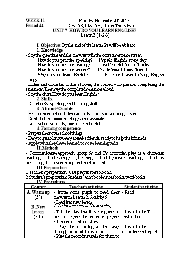 Kế hoạch bài dạy Tiếng Anh 5 - Tuần 12 - Năm học 2023-2024 - Nguyễn Thị Mỹ Hiền