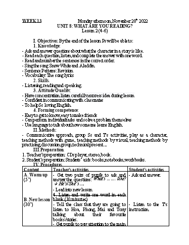 Kế hoạch bài dạy Tiếng Anh 5 - Tuần 13 - Năm học 2022-2023 - Nguyễn Thị Mỹ Hiền