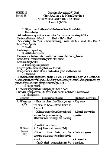 Kế hoạch bài dạy Tiếng Anh 5 - Tuần 13 - Năm học 2023-2024 - Nguyễn Thị Mỹ Hiền