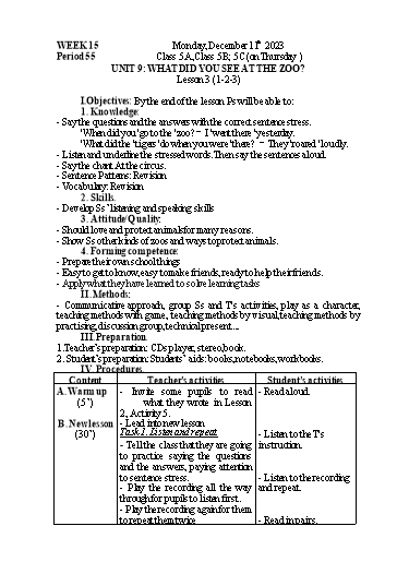 Kế hoạch bài dạy Tiếng Anh 5 - Tuần 15 - Năm học 2023-2024 - Nguyễn Thị Mỹ Hiền