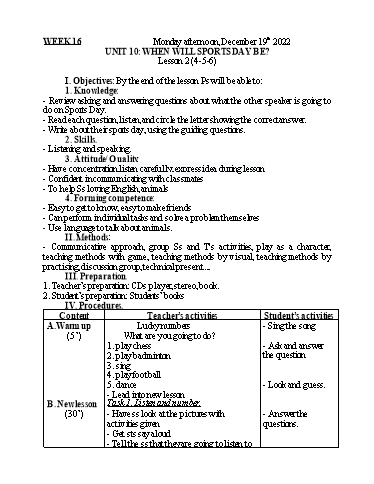 Kế hoạch bài dạy Tiếng Anh 5 - Tuần 16 - Năm học 2022-2023 - Nguyễn Thị Mỹ Hiền
