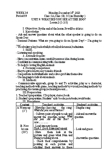 Kế hoạch bài dạy Tiếng Anh 5 - Tuần 16 - Năm học 2023-2024 - Nguyễn Thị Mỹ Hiền