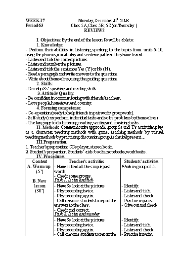 Kế hoạch bài dạy Tiếng Anh 5 - Tuần 17 - Năm học 2023-2024 - Nguyễn Thị Mỹ Hiền