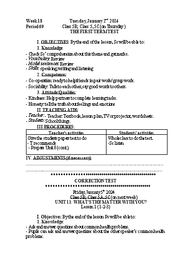 Kế hoạch bài dạy Tiếng Anh 5 - Tuần 18 - Năm học 2023-2024 - Nguyễn Thị Mỹ Hiền