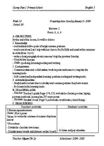 Kế hoạch bài dạy Tiếng Anh 5 - Tuần 18 - Năm học 2024-2025 - Nguyễn Thị Lý