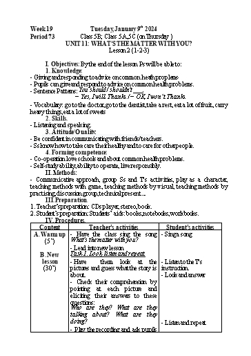 Kế hoạch bài dạy Tiếng Anh 5 - Tuần 19 - Năm học 2023-2024 - Nguyễn Thị Mỹ Hiền
