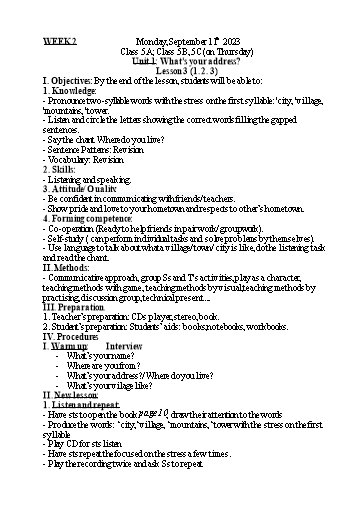 Kế hoạch bài dạy Tiếng Anh 5 - Tuần 2 - Năm học 2023-2024 - Nguyễn Thị Mỹ Hiền