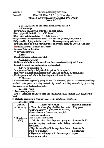 Kế hoạch bài dạy Tiếng Anh 5 - Tuần 21 - Năm học 2023-2024 - Nguyễn Thị Mỹ Hiền