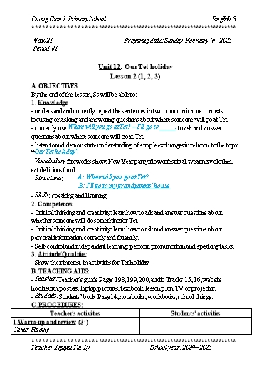 Kế hoạch bài dạy Tiếng Anh 5 - Tuần 21 - Năm học 2024-2025 - Nguyễn Thị Lý