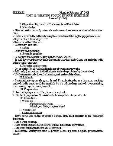 Kế hoạch bài dạy Tiếng Anh 5 - Tuần 22 - Năm học 2022-2023 - Nguyễn Thị Mỹ Hiền