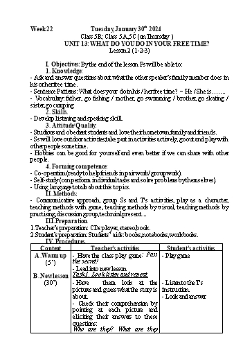 Kế hoạch bài dạy Tiếng Anh 5 - Tuần 22 - Năm học 2023-2024 - Nguyễn Thị Mỹ Hiền