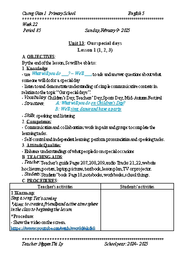 Kế hoạch bài dạy Tiếng Anh 5 - Tuần 22 - Năm học 2024-2025 - Nguyễn Thị Lý