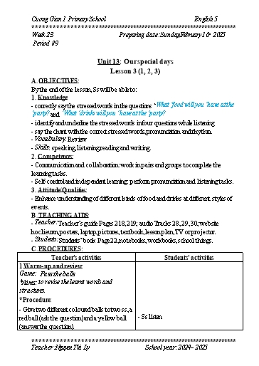 Kế hoạch bài dạy Tiếng Anh 5 - Tuần 23 - Năm học 2024-2025 - Nguyễn Thị Lý