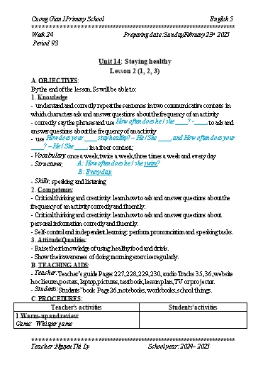 Kế hoạch bài dạy Tiếng Anh 5 - Tuần 24 - Năm học 2024-2025 - Nguyễn Thị Lý