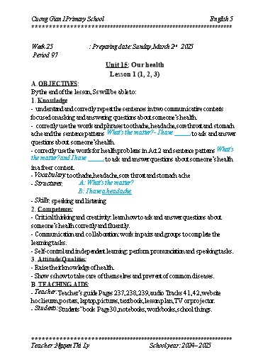Kế hoạch bài dạy Tiếng Anh 5 - Tuần 25 - Năm học 2024-2025 - Nguyễn Thị Lý