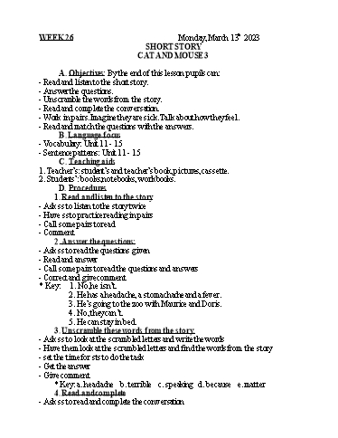 Kế hoạch bài dạy Tiếng Anh 5 - Tuần 26 - Năm học 2022-2023 - Nguyễn Thị Mỹ Hiền
