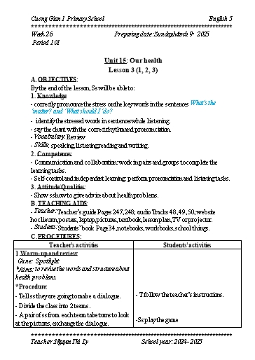 Kế hoạch bài dạy Tiếng Anh 5 - Tuần 26 - Năm học 2024-2025 - Nguyễn Thị Lý