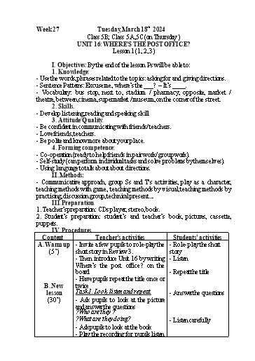 Kế hoạch bài dạy Tiếng Anh 5 - Tuần 27 - Năm học 2023-2024 - Nguyễn Thị Mỹ Hiền