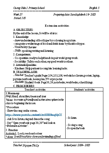 Kế hoạch bài dạy Tiếng Anh 5 - Tuần 27 - Năm học 2024-2025 - Nguyễn Thị Lý