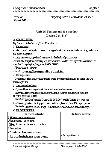 Kế hoạch bài dạy Tiếng Anh 5 - Tuần 28 - Năm học 2024-2025 - Nguyễn Thị Lý