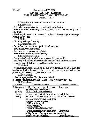 Kế hoạch bài dạy Tiếng Anh 5 - Tuần 29 - Năm học 2023-2024 - Nguyễn Thị Mỹ Hiền