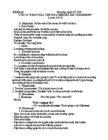 Kế hoạch bài dạy Tiếng Anh 5 - Tuần 30 - Năm học 2022-2023 - Nguyễn Thị Mỹ Hiền