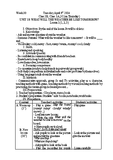 Kế hoạch bài dạy Tiếng Anh 5 - Tuần 30 - Năm học 2023-2024 - Nguyễn Thị Mỹ Hiền