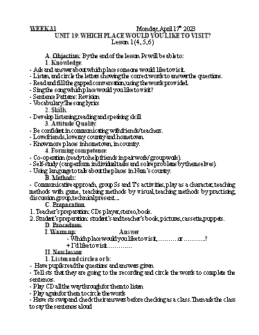 Kế hoạch bài dạy Tiếng Anh 5 - Tuần 31 - Năm học 2022-2023 - Nguyễn Thị Mỹ Hiền