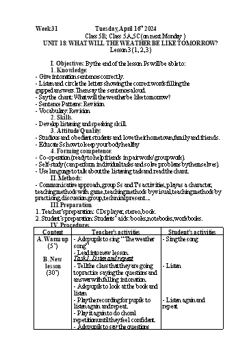 Kế hoạch bài dạy Tiếng Anh 5 - Tuần 31 - Năm học 2023-2024 - Nguyễn Thị Mỹ Hiền
