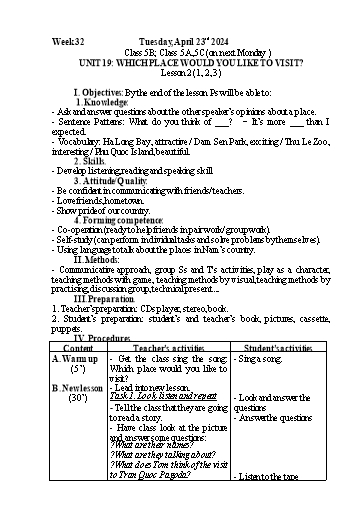 Kế hoạch bài dạy Tiếng Anh 5 - Tuần 32 - Năm học 2023-2024 - Nguyễn Thị Mỹ Hiền