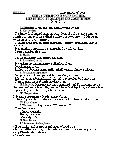 Kế hoạch bài dạy Tiếng Anh 5 - Tuần 33 - Năm học 2022-2023 - Nguyễn Thị Mỹ Hiền