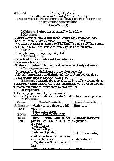 Kế hoạch bài dạy Tiếng Anh 5 - Tuần 34 - Năm học 2023-2024 - Nguyễn Thị Mỹ Hiền