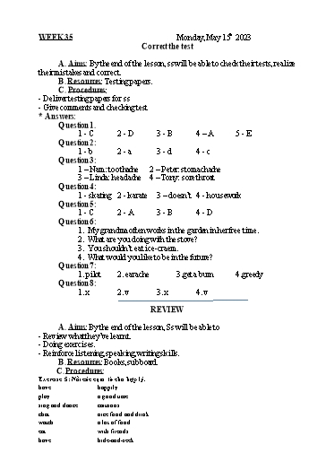 Kế hoạch bài dạy Tiếng Anh 5 - Tuần 35 - Năm học 2022-2023 - Nguyễn Thị Mỹ Hiền