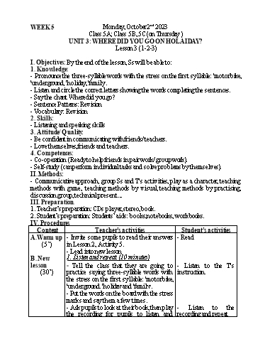 Kế hoạch bài dạy Tiếng Anh 5 - Tuần 5 - Năm học 2023-2024 - Nguyễn Thị Mỹ Hiền