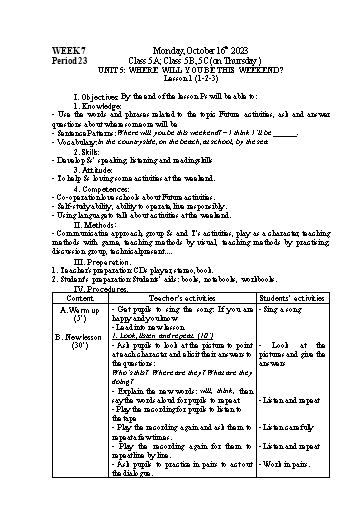 Kế hoạch bài dạy Tiếng Anh 5 - Tuần 7 - Năm học 2023-2024 - Nguyễn Thị Mỹ Hiền