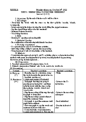 Kế hoạch bài dạy Tiếng Anh 5 - Tuần 8 - Năm học 2022-2023 - Nguyễn Thị Mỹ Hiền