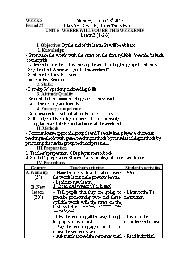 Kế hoạch bài dạy Tiếng Anh 5 - Tuần 8 - Năm học 2023-2024 - Nguyễn Thị Mỹ Hiền