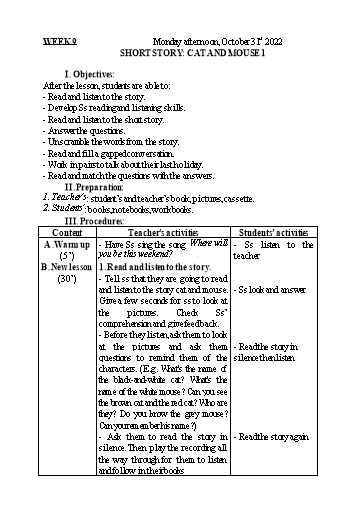 Kế hoạch bài dạy Tiếng Anh 5 - Tuần 9 - Năm học 2022-2023 - Nguyễn Thị Mỹ Hiền