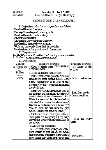 Kế hoạch bài dạy Tiếng Anh 5 - Tuần 9 - Năm học 2023-2024 - Nguyễn Thị Mỹ Hiền