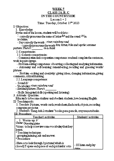Kế hoạch bài dạy Tiếng Anh Khối 2 - Tuần 7 - Năm học 2023-2024 - Nguyễn Thị Hồng Thắm