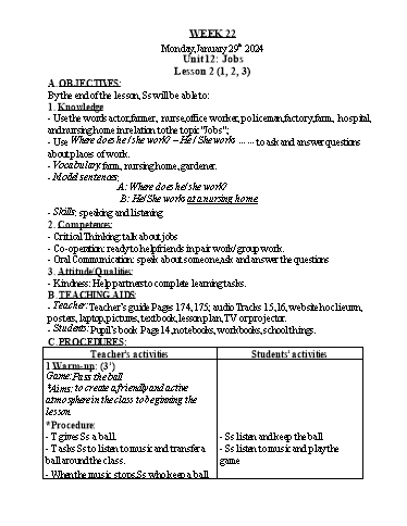 Kế hoạch bài dạy Tiếng Anh Khối 4 - Tuần 22 - Năm học 2023-2024 - Nguyễn Thị Hồng Thắm