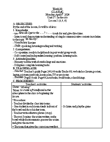 Kế hoạch bài dạy Tiếng Anh Khối 4 - Tuần 30 - Năm học 2023-2024 - Nguyễn Thị Hồng Thắm
