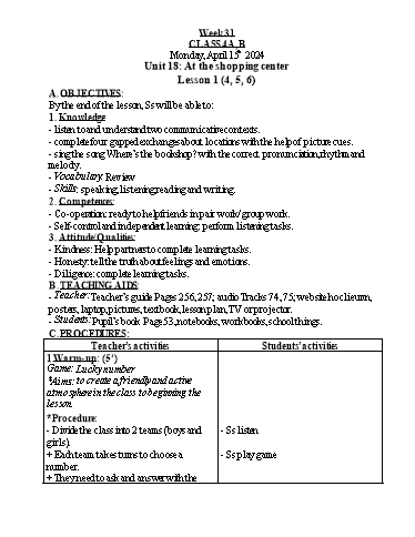 Kế hoạch bài dạy Tiếng Anh Khối  4 - Tuần 31 - Năm học 2023-2024 - Nguyễn Thị Hồng Thắm