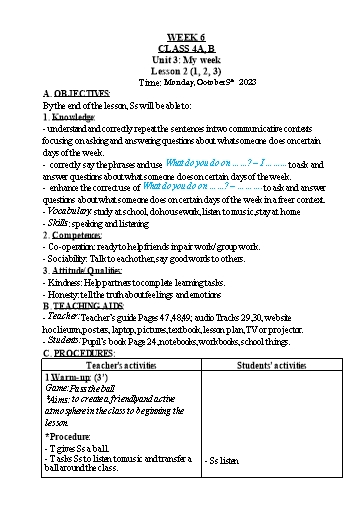 Kế hoạch bài dạy Tiếng Anh Khối 4 - Tuần 6 - Năm học 2023-2024 - Nguyễn Thị Hồng Thắm