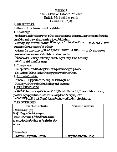 Kế hoạch bài dạy Tiếng Anh Khối 4 - Tuần 7 - Năm học 2023-2024 - Nguyễn Thị Hồng Thắm