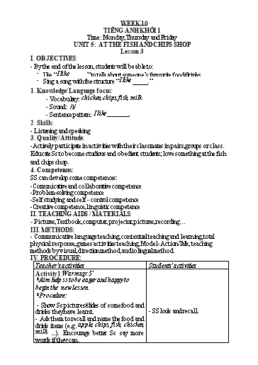 Kế hoạch bài dạy Tiếng Anh Lớp 1 - Tuần 10 - Năm học 2023-2024 - Nguyễn Thị Hồng Thắm